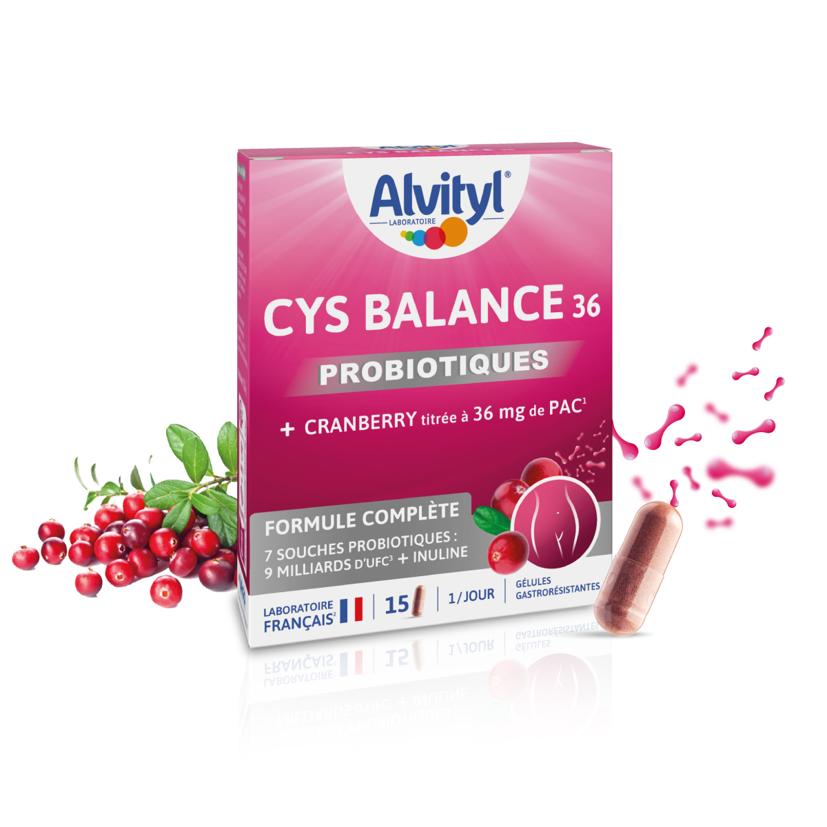 Alvityl Cys Balance 36 probiotiques cranberry pack ingrédients gélules